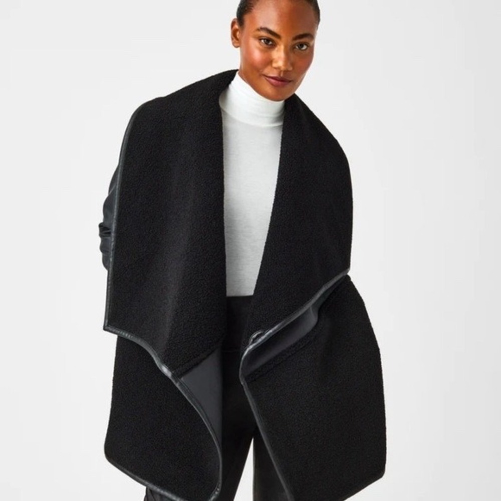 Spanx Womens Fleece Faux Leather Mixed‎ Media Edgy Wrap Jacket Size S Black